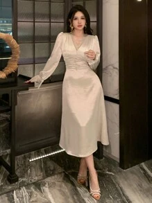 DAZY V 领蕾丝拼布泡泡袖中长连衣裙，适合女士舞会礼服，优雅、荷叶边、正式女士礼服，秋季长袖连衣裙 - 杏色 - 查看 6