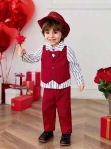 SHEIN 2pcs Set Baby Boys Casual 2 In 1 Vest Shirt, Striped Shirt Top And Straight Pants With Bow Tie , Suitable For Spring/Autumn, Suitable For Christmas, Birthday, Christening, 1st Birthday Party, Evening Party, Performance, Wedding