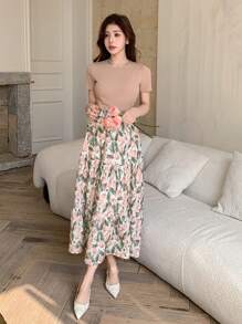 Set de 2 piezas con camiseta de unicolor y falda con estampado floral para mujer, ropa de vuelta al colegio y atuendos de vacaciones estilo bohemio - Rosa - Ver 7