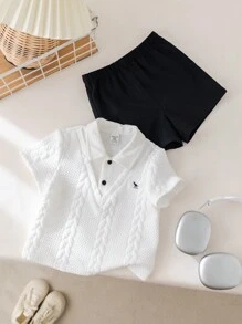 SHEIN Baby Boys Spring/Summer 2pcs Cute Polo Shirt & Elastic Waist Shorts Set, Suitable For Birthday Party, Evening Event, Performance, Wedding, Baby Shower, Christening, First Birthday Celebration