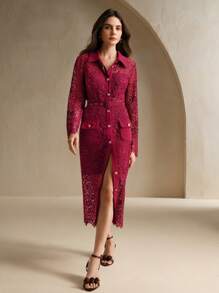 Anewsta Vestido elegante francés de unicolor con encaje frontal, botones en la cintura y cierre a la cintura - Rojo - Ver 2