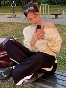 DAZY Women's Oversized Open Shoulder Crew Neck Loose Long Sleeve Sweater, Apricot Color, Spring/Autumn,Fall Women Clothes - Apricot - View 8