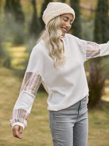 LanaWest Women's Casual Loose Fit Color Block Long Sleeve V-Neck T-Shirt, Versatile Fashion For Spring & Autumn Graphic Tees Women Tops For Spring