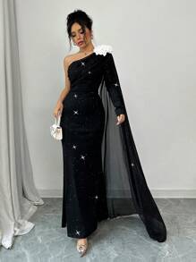 Chiquease Women 3D Floral Asymmetric Shoulder Shining Print Long Sleeve Dress Maxi Women Outfit