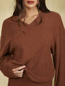 Forever 21 Áo thun nữ tay dài cổ chữ V màu trơn, dáng rộng, mùa thu - Rỉ Nâu - Xem 3