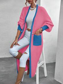 SHEIN Clasi Casual Color Block Lantern Sleeve Cardigan With Pockets, Autumn/Winter