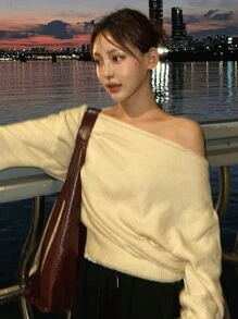 DAZY Women's Oversized Open Shoulder Crew Neck Loose Long Sleeve Sweater, Apricot Color, Spring/Autumn,Fall Women Clothes - Apricot - View 5