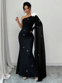 Chiquease Women 3D Floral Asymmetric Shoulder Shining Print Long Sleeve Dress Maxi Women Outfit