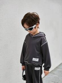 Zestaw 2 szt. w koreańskim stylu, oversize, ciemnoszary, chłopięcy, swobodny, nadruk w litery, kontrastowe wykończenie, wiosenna kurtka i spodnie