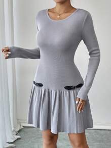 Elenzga Round Neck Knitted Sweater Dress With Waist Belt And Tuck Decor, Stylish Design For Women - Grey - View 7