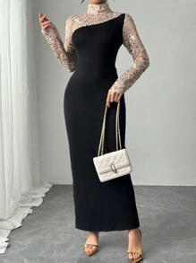 Chiquease Women Elegant Sequin Splice Stand Collar Contrast Color Long Dress - Multicolor - View 3