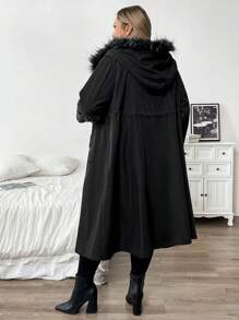 SHEIN CURVE+ Plus Size Women's Winter Long Style With Added Fleece Wool Hooded Regular Jacket