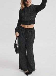 SHEIN Unity 1 件女式黑色休闲复古风格抽绳连帽袋鼠口袋拉链短款运动衫，适合秋冬季 - 黑色 - 查看 5