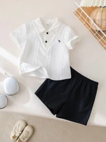 SHEIN Baby Boys Spring/Summer 2pcs Cute Polo Shirt & Elastic Waist Shorts Set, Suitable For Birthday Party, Evening Event, Performance, Wedding, Baby Shower, Christening, First Birthday Celebration