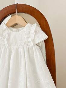 SHEIN Baby Girl Summer Cute Solid Color Embroidered Hollow Out Ruffle Hem Sleeveless Dress - White - View 5