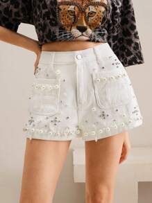Anewsta Premium Rhinestone Design Versatile Women's Shorts, Autumn/Winter - White - View 3