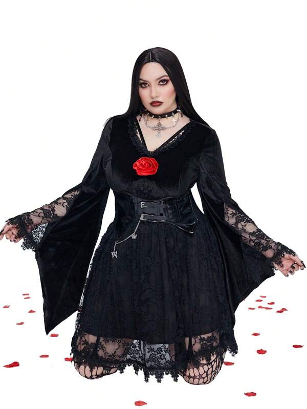 Whyspr Ziua Îndrăgostiților/Cadouri de Îndrăgostiți/Rochie de Valentine/Valentines/Tută de Valentine/San ValentinRochie de damă din catifea contrastant cu mânecă evazată, cu decolteu în V, ținută gotică punk la modă Street Style