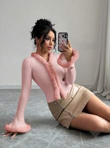 Chiquease 女士纯色毛领拼布针织开衫，秋冬