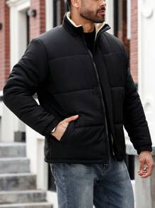 Manfinity Homme Men's Plus Size Solid Color Long Sleeve Casual Loose Padded Coat, Winter