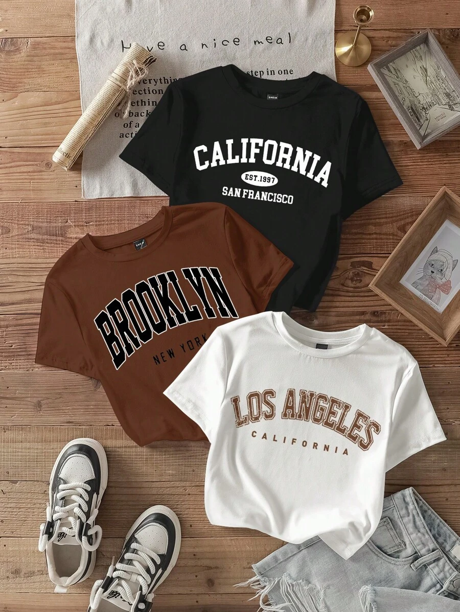 SHEIN EZwear 3 件套休闲简约复古城市名称图案圆领短袖短款修身 T 恤,适合夏季 - 彩色 - 查看 1