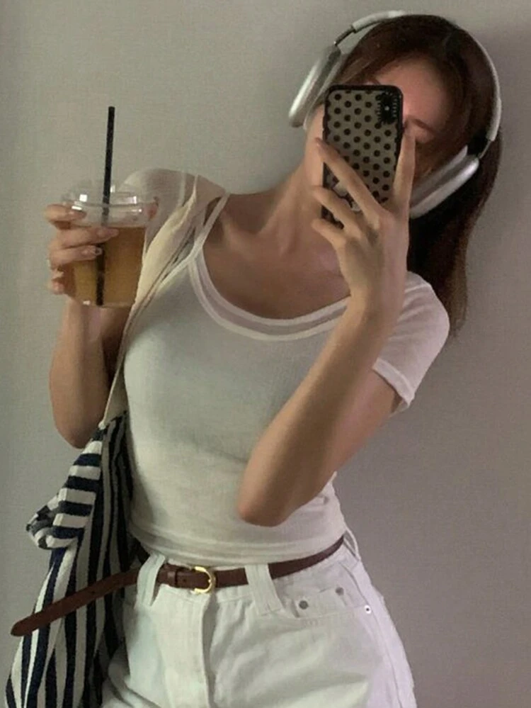 Women Crew Neck Fitted Short White T-Shirt, Spring/Summer