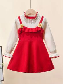 Young Girl Elegant Ruffle Collar Long Sleeve 2 In 1 Waist Cinched A-Line Sweater Dress, Casual & Minimalist - Red - View 3