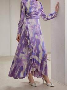 Veilorie Elegant Tie-Dye Puff Sleeve Ruffle Trim Arabic Style Dress, Autumn Modest - Multicolor - View 3