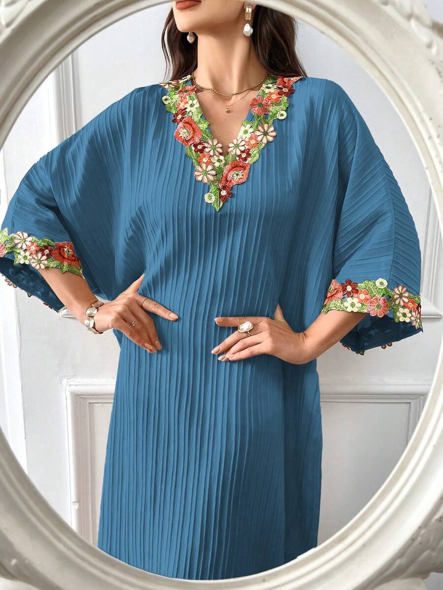 Al Najma Women Embroidered Bat Wing Long Abaya Dress, Modest Kaftan