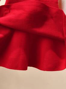 Young Girl Elegant Ruffle Collar Long Sleeve 2 In 1 Waist Cinched A-Line Sweater Dress, Casual & Minimalist - Red - View 7