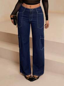 SHEIN Essnce Pantalones cargo rectos informales para mujer - Azul lavado oscuro - Ver 1