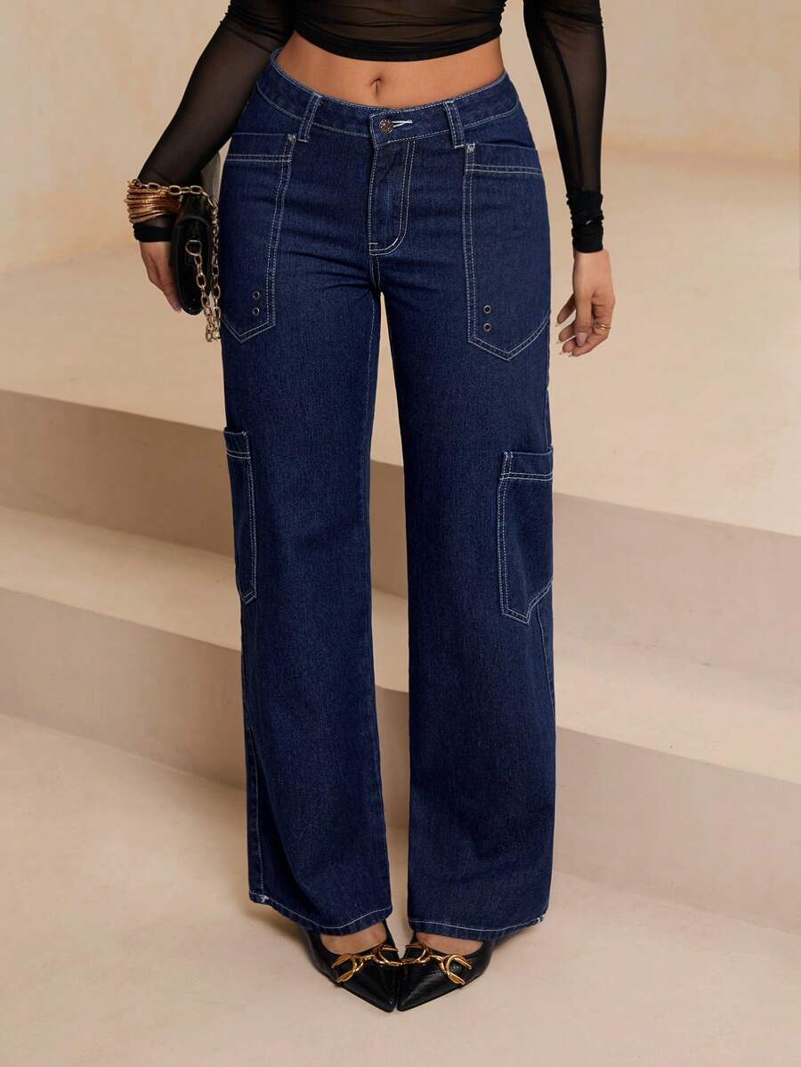 SHEIN Essnce Pantalones cargo rectos informales para mujer - Azul lavado oscuro - Ver 1