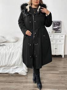 SHEIN CURVE+ Plus Size Women's Winter Long Style With Added Fleece Wool Hooded Regular Jacket