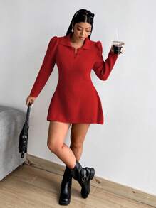 Calvaya Plus Size Knitted Turtleneck Long Sleeve Puff Sleeve Sweater Dress, Autumn/Winter - Red - View 3