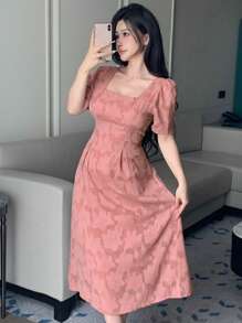 DAZY Lace Allover Floral Pattern Square Neck Mid-Long Dress For Women,Milkmaid Dress