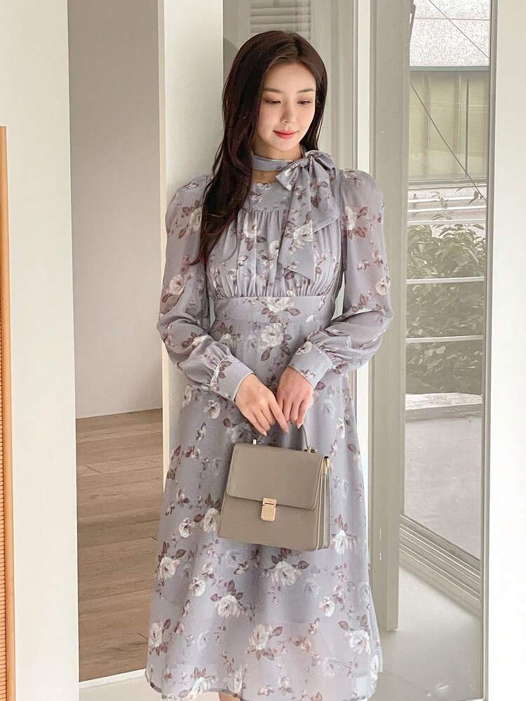 Floral Print Chiffon Flowy Midi Dress For Women,Fall Clothes Long Sleeve Dress