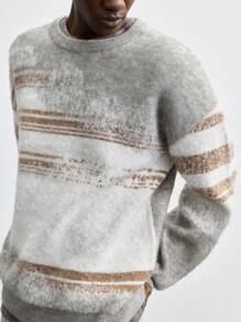 Maija 男士 2025 春季新款不对称条纹宽松圆领长袖毛衣，休闲设计，时尚年轻人、派对、节日、情人节和约会 - 彩色 - 查看 3