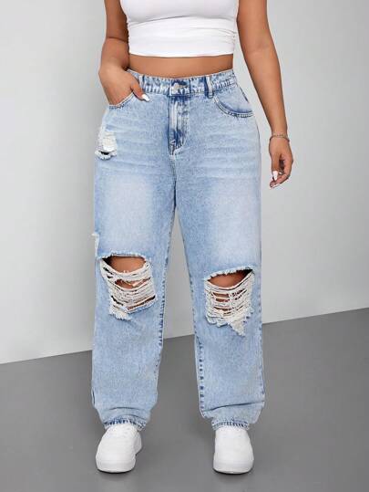 SHEIN ICON Jeans De Moda Con Agujeros Para Mujer De Talla Grande