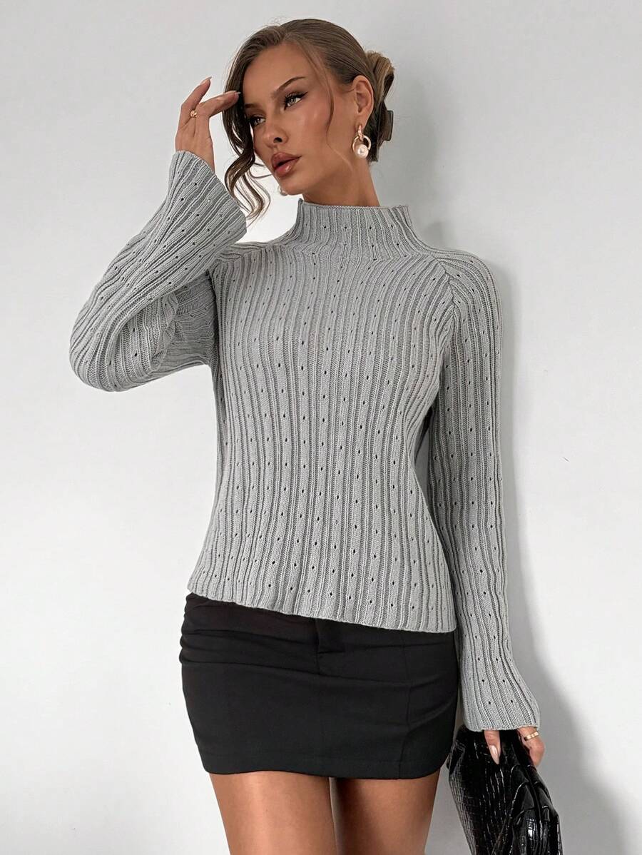 SHEIN Unity Casual Solid Color Turtleneck Cropped Sweater, Autumn/Winter Knit Pullover Fall - Light Grey - View 1