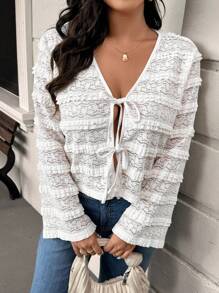 SHEIN Frenchy Plus Size Women Tie Chest V-Neck Frill Trim Top - White - View 1