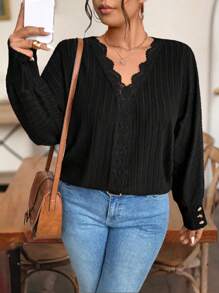 SHEIN LUNE Plus Size Casual Solid Color Lace Trim Batwing Sleeve T-Shirt For Autumn - Black - View 1