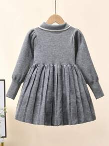 年轻女孩宽松休闲领几何图案褶皱长袖毛衣连衣裙