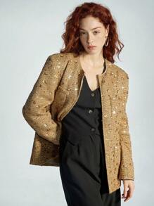 Aveloria Modichic 优雅复古设计纹理串珠刺绣贴袋圆领女式夹克