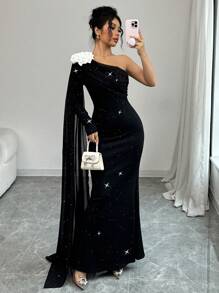 Chiquease Women 3D Floral Asymmetric Shoulder Shining Print Long Sleeve Dress Maxi Women Outfit