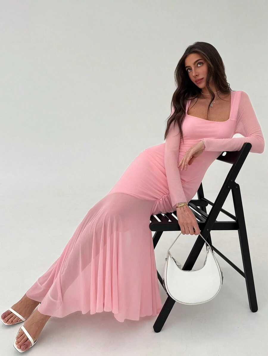 Aloruh Apricot Color Square Neck Long Sleeve Bodycon Pleated Hem Romantic Date Night Dress For Women