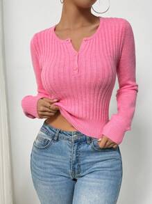 Chiquease Women Elegant Round Neck Button Detail Slim Fit Solid Color Sweater, Autumn/Winter