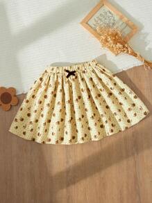 Blossori 年轻女孩优雅法式杏色碎花蝴蝶结装饰宽松松紧腰编织 A 字裙，秋冬 - 彩色 - 查看 1