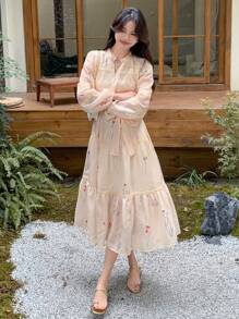 DAZY Lace Patchwork Floral Mid-Length Dress For Women,Fall Clothes Long Sleeve Dress - Apricot - View 4