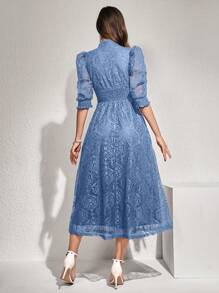Modelyn Lace Panel Buttoned Detailing Waist Cinched Dress, Elegant Evening Party Dress - Dusty Blue - View 2
