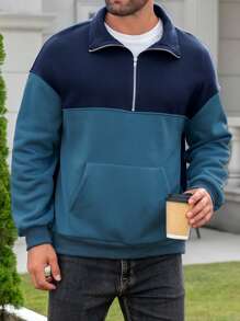 SHEIN Manfinity Dauomo Men's Front Zipper Long Sleeve Pocket Solid Color Patchwork Minimalist Top - Multicolor - View 5