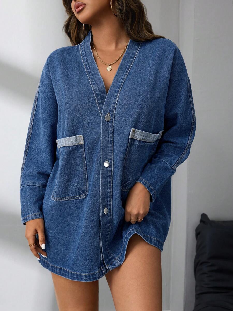 SHEIN SXY Women's Casual Autumn Mini Denim Dress With Front Button Pockets - Blue - View 1